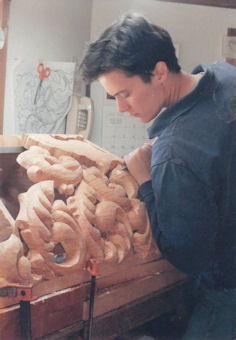 Carving the pipe shade for Grace Lutheran, Tacoma, WA, wood carver Jude Fritts